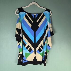 Eva Varro Top Womens Large Blue Black Bold Geometric Print Stretch Knit Artsy